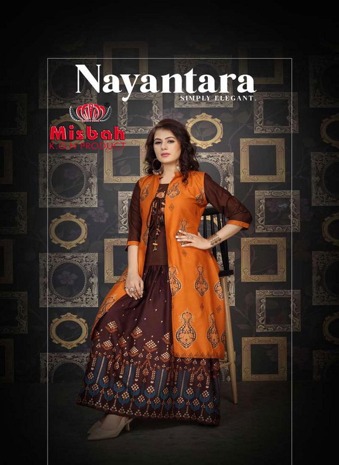 Misbah Nayantara 1 Designer Exclsive   Fancy Finest Quality Of Rayon Heavy Gold Print With Work With Jacket Kurti With Skirt Collection